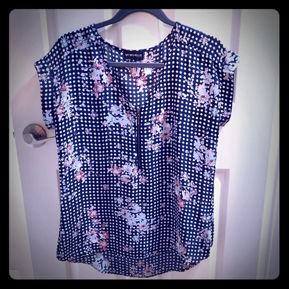 My Michelle Tops - My Michelle navy polka dot floral zip cap sleeve